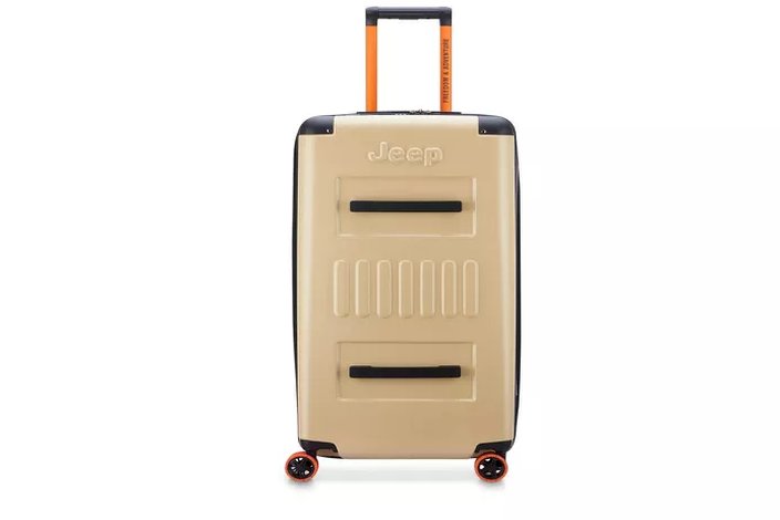 family at airport gate with matching luggage set and stroller bag