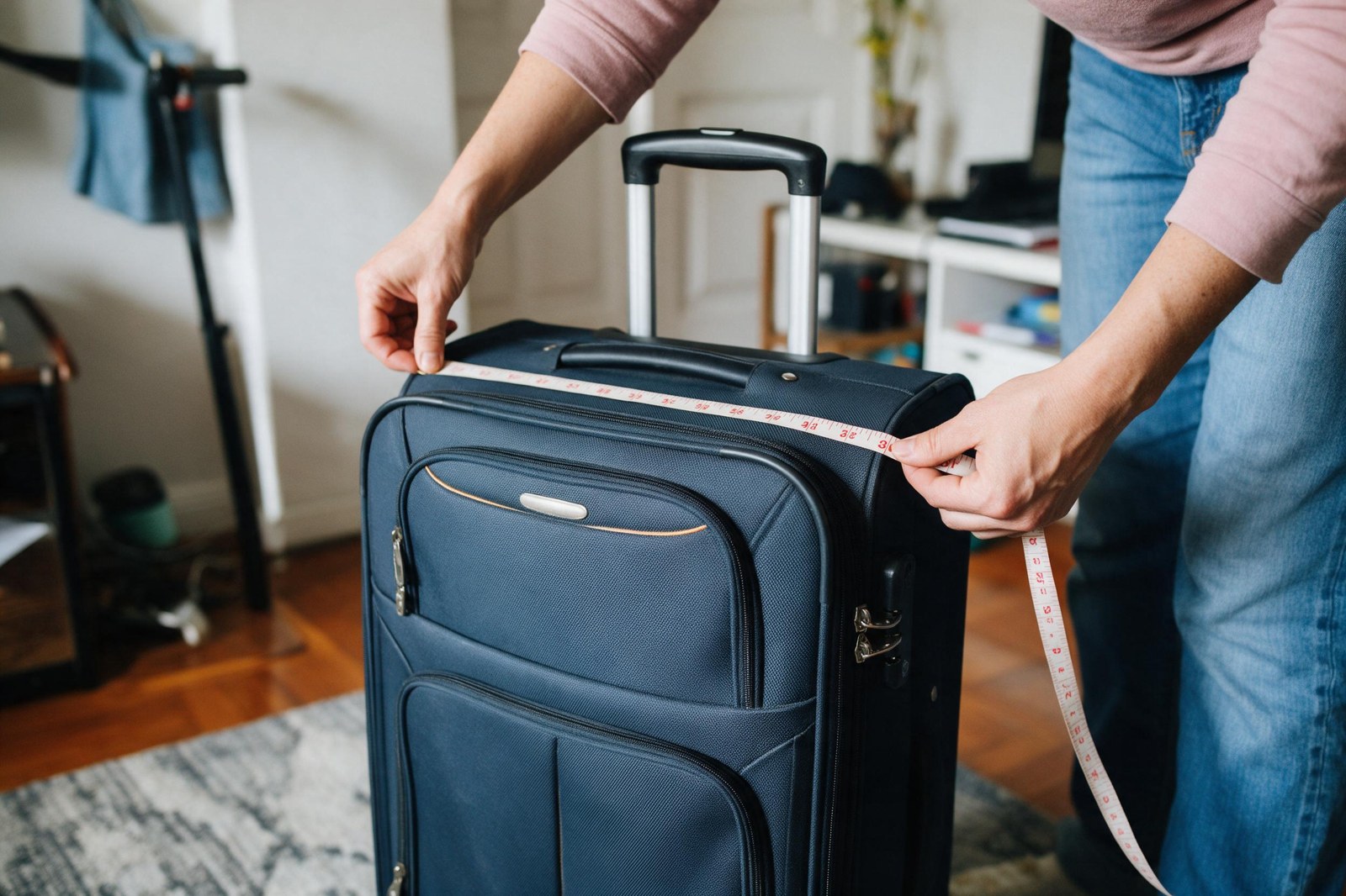 parent measuring carry-on suitcase with tape measure at home